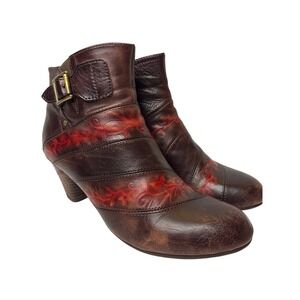 Spring Step Women's 39 Leather Ankle Boots Red Floral Side Zip Buckle Heel